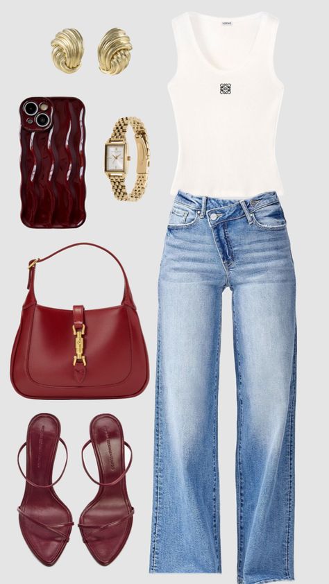 #fashion #casual #style #ootd #jeans #gucci pop of red, cherry red #red Cherry Red Outfit, Red Outfit Ideas, Jeans Gucci, Ootd Jeans, Pop Of Red, Casual School Outfits, Red Cherry, Casual Chic Outfit, Cozy Outfit