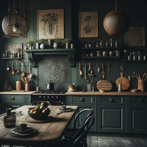 Dark Green Kitchen Dark Green Cabinets Black Hardware, Dark Cottage Kitchen Ideas, English Green Kitchen, Black Countertop With Green Cabinets, Green Kitchen Open Shelves, Green Black Kitchen Cabinets, Dark Green Kitchen Inspiration, Dark Green Accent Wall Kitchen, Green Goth Kitchen