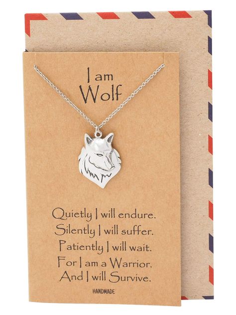 PRICES MAY VARY. AUTHENTIC AND HANDMADE DESIGN. A dainty minimalist wolf necklace that symbolizes guardianship, ritual, loyalty and spirit. It comes with a card with a quote that reads: "Quietly I will endure. Silently I will suffer. Patiently I will waitFor I am a Warrior. And I will Survive." WOLF INSPIRED GIFT with trademarked packaging. This is jewelry that tells your story. A quality-built women's accessory that's durable, long-lasting, and stylish—made to accentuate your look for any occas Funny Necklace, Wolf Pendant Necklace, Dogeared Jewelry, Wolves Pendants, Wolf Necklace, Diamond Initial Necklace, Wolf Jewelry, Wolf Spirit, Inspirational Jewelry