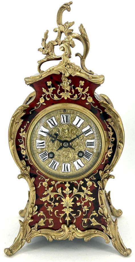 Original ornate gold metal dial with enamel numerals original hands Circa 1870 Brass inlay case ormolu top finial and scrolled feet and scrolled decoration very Fine example  Original finish 8 day bell striking Working Order, recently serviced Measures 33cm high by 15cm wide & 12cm deep  Stunning Victorian French boulle mantle clock. Original ormolu dial with enamel roman numerals. The case has brass decoration inlay and scrolls finials on the edges and topped with an ormolu floral scrolled fini Fancy Clock, Victorian Clocks, Floral Clock, Brass Decoration, Skeleton Clock, Vintage Clocks, Clock Repair, Home Clock, Brass Inlay