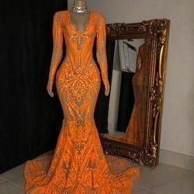 Long Sleeve Mermaid Prom Dress, Orange Prom Dresses, Long Sleeve Evening Gowns, Sleeves Women, Prom Girl Dresses, Mermaid Evening Gown, Senior Prom Dresses, Long Sleeve Evening Dresses, 3d Rose