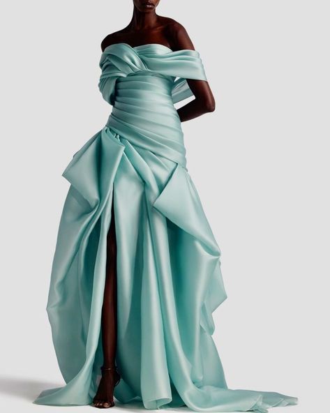 Sara Mrad, Gown Haute Couture, Crazy Dresses, Haute Couture Gowns, Draping Fashion, Fashion Gowns, Taffeta Dress, Blue Gown, Wedding Dresses For Girls