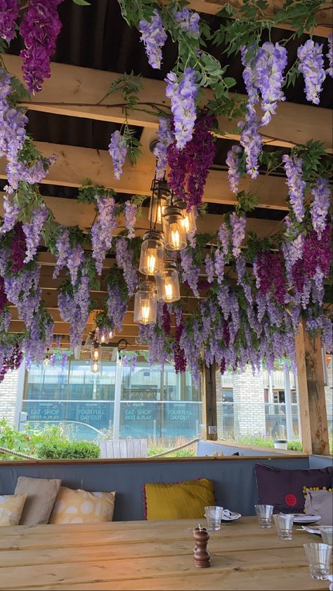 Floral Wall Restaurant, Indoor Wisteria Decor, Faux Flower Ceiling, Ceiling Flower Design, Wisteria Decor, Apothecary Decor, Flower Ceiling, Rustic Cafe, Butterfly Houses