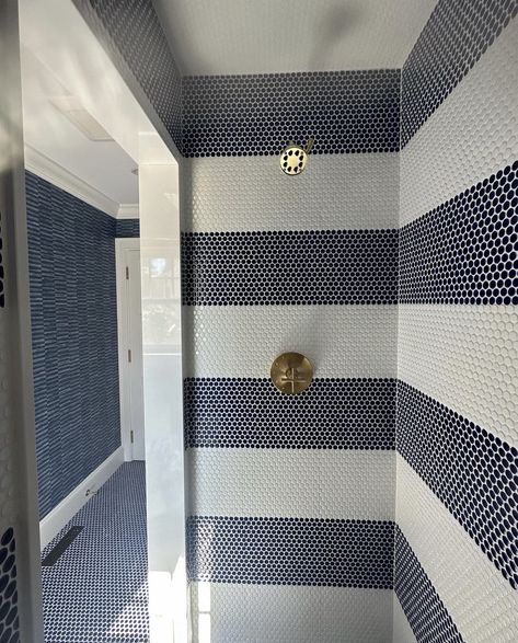 Blue Bathroom Inspiration, Bathroom Penny Tile, Blue Penny Tile, Outdoor Sinks, Penny Tile, House Of Beauty, Bath Girls, Island House, Bathroom Remodel Designs