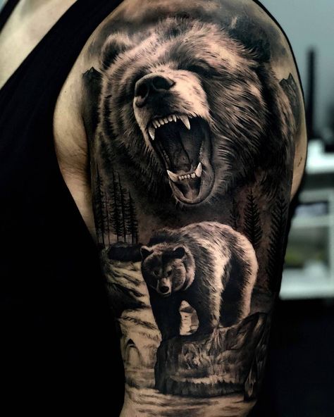 Bear Tattoo #tattoo #ink #art #design #idea #bear #sleeve Bear Tattoo Meaning, Black Bear Tattoo, Grizzly Bear Tattoos, Natur Tattoo Arm, Bear Tattoo Designs, Animal Sleeve Tattoo, Nature Tattoo Sleeve, Men Tattoos, Bear Tattoos