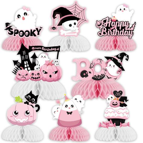 PRICES MAY VARY. Halloween birthday party supplies: This package contains 8 cute cards and 4 pink and 4 white honeycomb ornaments. They all have Halloween elements, such as ghosts, pumpkins, the signs of BOO and spooky,etc. Unique design: The appearance of them is very realistic and cute. The color of the product is mainly pink and white, which is very popular with little girls. The design of each card is unique, for example, there are cards in th Reusable table decorations: Some of these table Table Decorations For Birthday, Pink Table Decorations, Decorations For Birthday Party, Halloween Theme Birthday, Halloween Birthday Party Decorations, Halloween Tea Party, Table Rose, Ghost Bat, Halloween Birthday Party