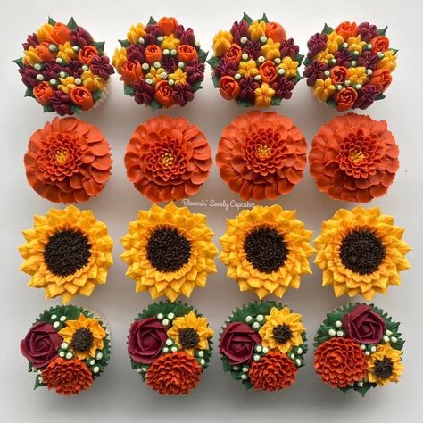 Fall Theme Cakes, Cupcake Flower Bouquets, Thanksgiving Cupcakes, Cupcake Decorating Tips, Fall Cupcakes, Thanksgiving Cakes, Sunflower Themed Wedding, Cupcake Cake Designs, Buttercream Cupcakes