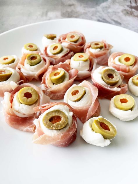 Antipasto Eyeballs — The Skinny Fork Eyeball Food, Pineapple Upside Down Cake, Pineapple Upside Down, Turkey Burgers, Gluten Free Cheese, Upside Down Cake, Peanut Free, Three Ingredient, Fresh Mozzarella