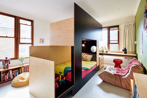 MAKE have collaborated with Tanguy Le Moing to create a bunk bed that splits the bedroom in two, creating a separate space for each child. #BunkBed #ModernBedroom #KidsBedroom Bed Divider, Brothers Room, Custom Bunk Beds, Kids Shared Bedroom, Cool Bunk Beds, Bunk Bed Designs, Space Bedding, Living Room Corner, Kids Bunk Beds