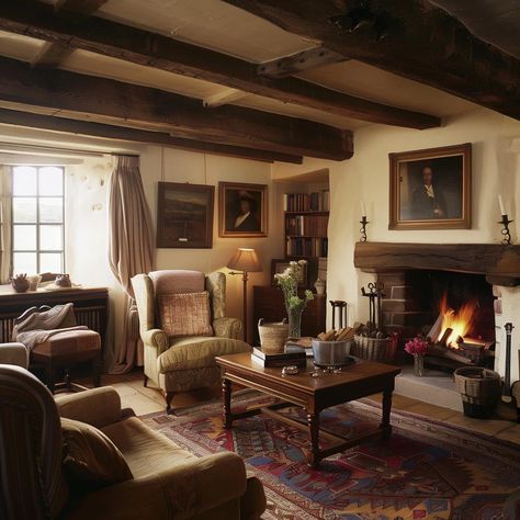 Old Cottage Interior Living Room, 1940s English Cottage, Inglenook Fireplace Cottage, Old English Cottage Living Room, English Homes Interiors Country Cottages, English Countryside Home Decor, Vintage Cabin Living Room, Small English Cottage Interior, Grade 2 Listed Cottage Interiors