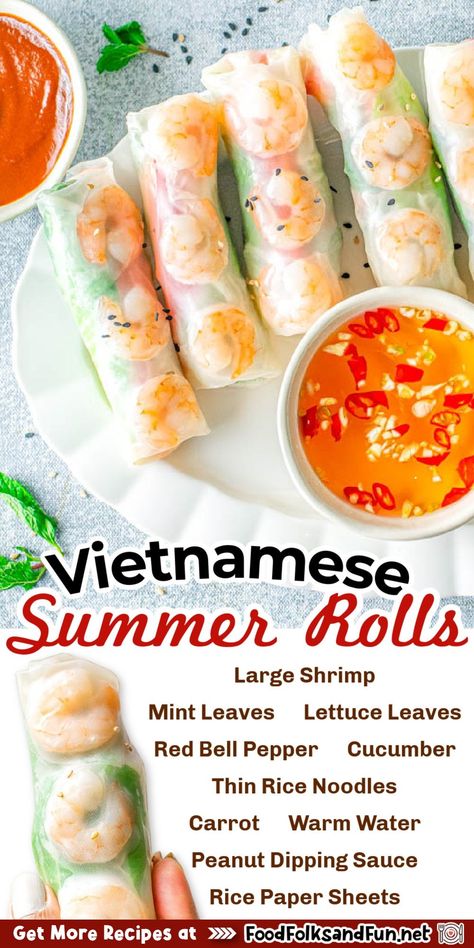 Vietnamese Summer Rolls are a fresh and healthy appetizer or light lunch made with shrimp, rice paper, noodles, lettuce, bell pepper, carrot, and cucumber. I even include two recipes for dipping sauces! Rice Paper Recipes Shrimp, Shrimp Rolls Rice Paper, Easy Summer Rolls, Fresh Spring Rolls Recipe, Rice Paper Rolls Recipes, Vietnamese Rice Paper Rolls, Shrimp Summer Rolls, Summer Lunch Recipes, Vietnamese Summer Rolls