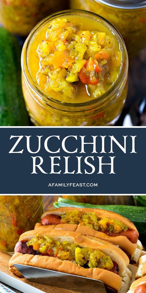 This Zucchini Relish is another delicious way to cook with all of those zucchini coming out of your backyard garden this summer! Squash Relish Recipe, Squash Relish, Zucchini Relish Recipes, Corn Relish Recipes, Canning Zucchini, Chow Chow Relish, Family Feast Recipes, Feast Recipes, Zucchini Relish