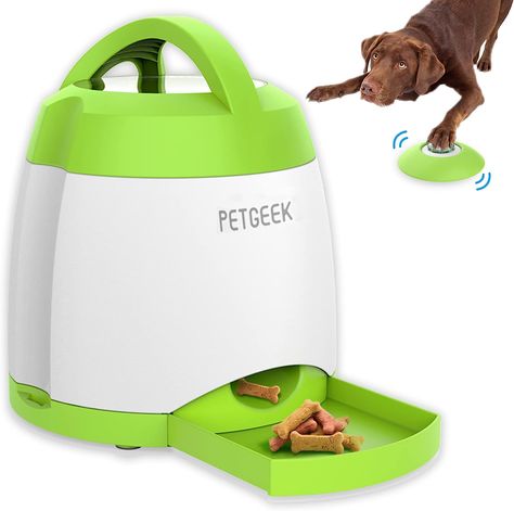 FUNNY DOG FOOD DISPENSER: This interactive dog toy is made for joint games with the dog and you. The dog enrichment toys could provide entertaining play, encourage exercise and improve pets’ memory by rewarding with treats or dry snacks. Friendly sounds play with each push on the Release Button of the dog food puzzle to encourage further play (The treats come out! It's a reward!). Dog Food Dispenser, Automatic Dog Feeder, Dog Treat Dispenser, Memory Training, Dog Bone Toy, Dog Training Tools, Dog Treat Toys, Dog Food Container, Automatic Cat Feeder