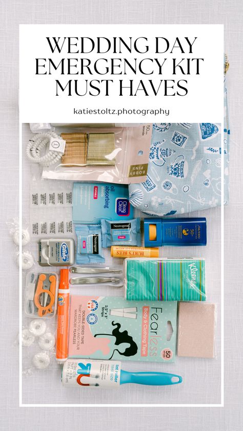 Flat lay image of wedding day emergency kit must have items Wedding Emergency Kit For Bride, Wedding Day Emergency Kit For Bride, Day Of Wedding Emergency Kit, Emergency Kit For Wedding Day, Groom Emergency Kit, Bathroom Emergency Kit, Wedding Emergency Kit List, Day Wedding Makeup, Checklist Wedding Day