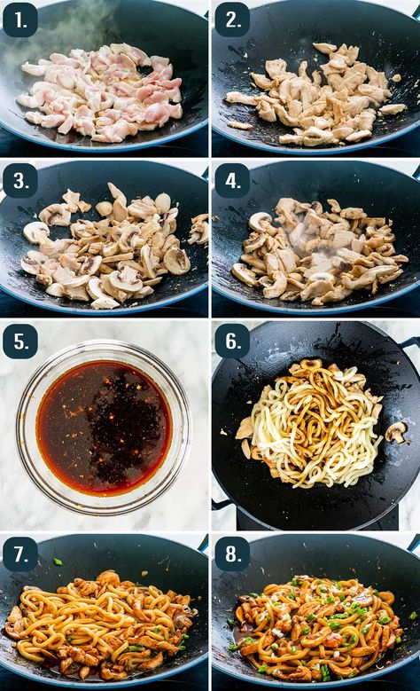 Chicken Udon Noodles, Chicken Udon, Udon Noodles Recipe, Udon Recipe, Noodles With Chicken, Hoisin Chicken, Chicken And Mushrooms, Homemade Chinese Food, Wok Cooking