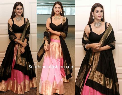 kriti Sanon promoted her movie Panipat wearing a pink silk lehenga with black blouse and dupatta by Raw Mango. Polki jewelry from Amrapali, Coral Haze juttis and straight hair complemented her look! Lehenga With Black Blouse, Fashion Nova Club Outfits, Club Outfits For Women Night Baddie, Pink Silk Lehenga, Baddie Prom Dresses, Lehenga Hairstyles, Indian Wedding Lehenga, Her Movie, Straight Black Hair