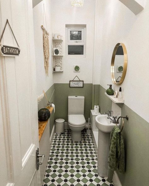 Sage Green Toilet Room, Sage Green Small Bathroom, Sage Green Toilet, Sage Green Bathrooms, Sage Green Bathroom, Green Toilet, Green Bathrooms, Boho Bathroom Ideas, Very Small Bathroom