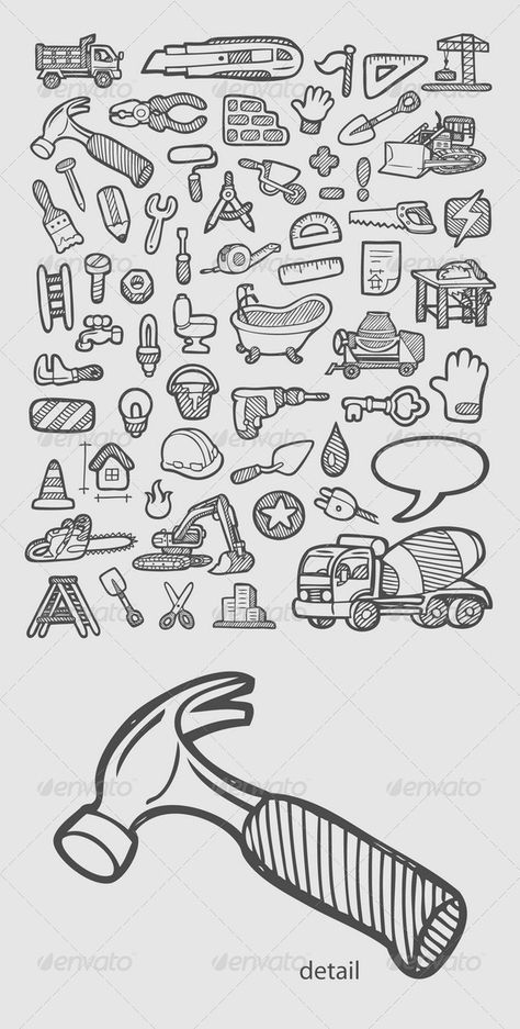 Construction Icons Sketch by ComicVector703 Construction symbol drawing style. Good use for your website icons design, symbol, illustration, or any design you want. Easy to u Construction Doodles, Website Icons Design, Construction Stickers, Construction Symbols, Colorful Office Design, Construction Icon, Doodle Easy, Get Better At Drawing, Handyman Logo