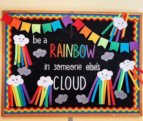 Rainbow spring bulletin board! Be a rainbow in some else’s cloud. May Bulletin Boards Preschool, Kindergarten Rainbow Bulletin Board, Rainbow Board Ideas, Rainbow School Decorations, Rainbow Bulletin Board Preschool, Rainbow Bulletin Boards Elementary, Bulletin Board Rainbow Ideas, Be A Rainbow In Someone Else's Cloud Bulletin Board, Toddler Spring Bulletin Board Ideas