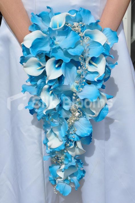 Cascade Bridal Bouquet, Wedding Flower Guide, Bridal Bouquet Blue, Cascading Bridal Bouquets, Blue Wedding Bouquet, Blue Wedding Flowers, Artificial Flowers Wedding, Cascade Bouquet, Blue Bouquet