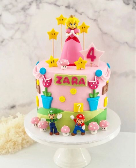 Super Mario Peach Cake, Princess Peach Birthday Party Cake, Mario And Princess Peach Cake, Princess Peach Cake Birthdays, Pastel Princesa Peach, Princess Peach Cake, Princess Peach Birthday Party, Peach Party Decorations, Princess Peach Party