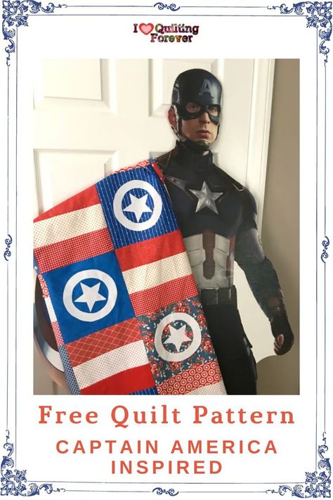 Free Quilt Pattern Captain America Inspired Quilt Patriotic Quilt Patterns, Star Wars Quilt, Free Quilt Tutorials, Patriotic Quilts, Beginner Quilt Patterns, Quilting For Beginners, Patchwork Patterns, Crafts For Girls, Free Quilting