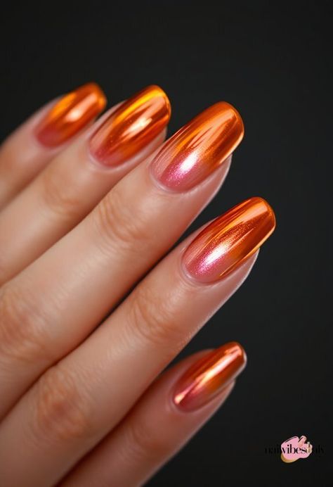 Sunset-Inspired Chrome Tips With the magic of chrome powder, you can transform your nails into a breathtaking sunset masterpiece. Start by applying a solid base coat, then tap on your favorite earth-toned chrome powders using a small brush. Mix oranges, pinks, and purples to capture those dreamy twilight hues. For the perfect gradient effect, blend different chrome powders using a makeup sponge, creating that seamless shift you'd see in a real sunset. Don't forget to add touches of sky blue or s Glittery French Tips, Chrome Tips, Real Sunset, Chrome Nail Art, Nails Board, Chrome Nail, Nail Art Tips, Chrome Powder, Metallic Nails