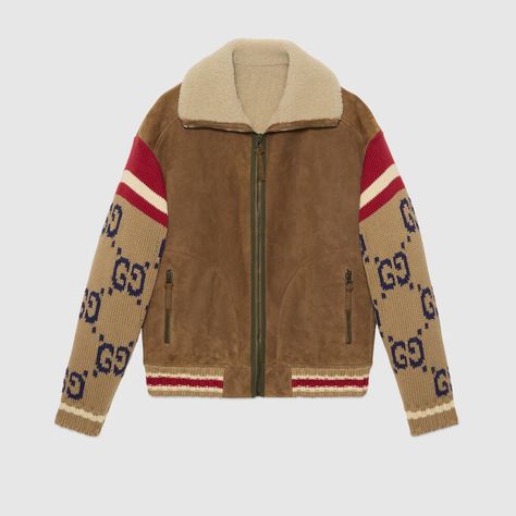 Shop the Suede jacket with GG knit sleeves in brown suede at GUCCI.COM. Enjoy Free Shipping and Complimentary Gift Wrapping. Gucci Jeans, Designer Leather Jackets, Gucci Jacket, Mens Jackets Casual, Brown Suede Jacket, Knit Sleeve, Line Jackets, Shearling Jacket, Leather Jacket Men