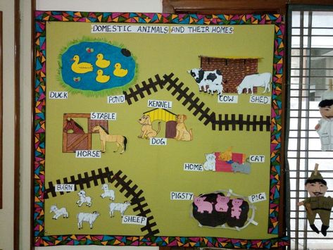 Pet Animals Chart For Preschool, Animal Theme Board Decoration, Farm Animal Board Preschool, Farm Animal Daycare Theme, Farm Animals Board Ideas, Domestic Animals And Their Homes, Animal Chart For Preschool, Animals And Their Homes Project, Domestic Animals Activities