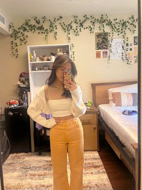 orange jeans white tube top white shrug bolero outfit Cute Bolero Outfit, Orange Shrug Outfit, White Bolero Outfit Aesthetic, Cropped Shrug Outfit, White Shrug Outfit Casual, Shoulder Shrug Outfit, Bolero Outfit Aesthetic, Purple Tube Top Outfit, Shrug Cardigan Outfit