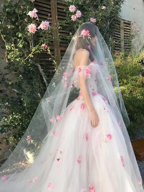 Blush Bridal Dress, Enchanted Wedding Dress Disney, White Wedding Dress With Pink Accents, Vintage Floral Wedding Dress, Barbie Wedding Aesthetic, Pink White Wedding Dress, Fairytale Aesthetic Wedding Dresses, Coquette Wedding, Pink Wedding Dress