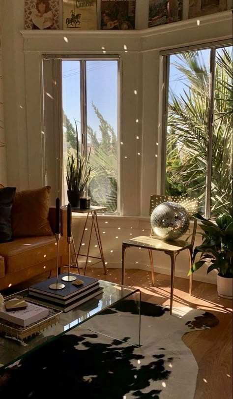 mirrorball ✩ shining just for you ✩ Cowskin Rug Living Room, Neutral Eclectic Decor, Slanted Ceiling Living Room, Y2k Home Decor, Calm Home, Deco Studio, Apartment Aesthetic, Apartment Decor Inspiration, Future Apartment