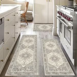 Yamaziot Boho Washable Kitchen Rugs Sets of 3, Non Slip Kitchen Mats for Floor with Rubber Backing, Waterproof & Stain Resistant Carpet Runner Throw Rug for Kitchen, Laundry Room, Hallway, Beige Grey Hallway Beige, Kitchen Rug Ideas, Washable Kitchen Rugs, Kitchen Runner Rugs, Laundry Room Hallway, Kitchen Rugs Washable, Rug For Kitchen, Bohemian Kitchen, Clean Washing Machine