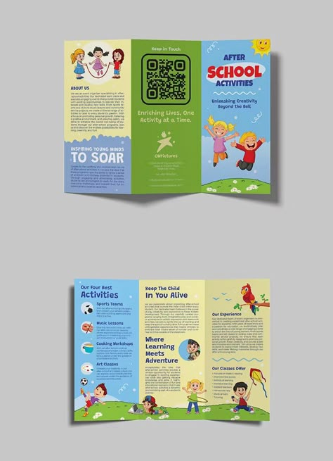 After School Activities Tri-Fold Brochure Template InDesign INDD School Brochure Design Ideas, Art Brochure Design, School Brochure Design, Kids Brochures, Print Design Brochure, School Ads, Brochure Design Ideas, Education Brochures, Kids Graphic Design