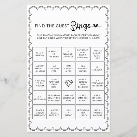 Bingo Bridal Shower Game, Find The Guest Bingo, Guest Bingo, Find The Guest, Bridal Shower Bingo, Scalloped Border, Bridal Shower Game, Advice Cards, Wedding Entertainment