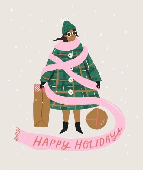 Fashion Christmas Illustration, Christmas Woman Illustration, Christmas Carousel Illustration, Holiday Illustration Christmas, Christmas Character Illustration, Tinsel Illustration, Winter Illustration Design, Christmas Postcard Ideas, Christmas Cute Illustration