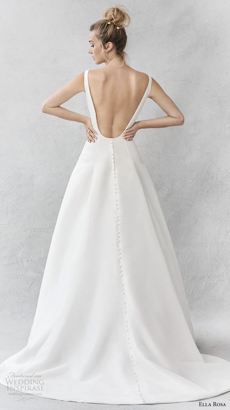 ella rosa spring 2017 bridal sleeveless bateau neck simple clean a  line wedding dress open ultra low back sweep train (375) bv -- Ella Rosa Spring 2017 Wedding Dresses Cap Sleeve Low Back Wedding Dress, Clean Lines Wedding Dress, Low Back A Line Wedding Dress, Plaas Troue, Bateau Wedding Dress, Wedding Dress Low Back, Wedding Gown Backless, Classic Bride, Feminine Wedding