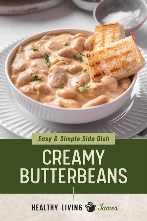 Try these Creamy Butterbeans for a delicious and nourishing meal. Smooth, flavourful, and packed with protein! Butterbean Recipes, Recipes Using Beans, Vegan Pasta Bake, Butter Beans Recipe, Canned Butter, Healthy Side, Leftovers Recipes, Healthy Side Dishes, Roasted Veggies