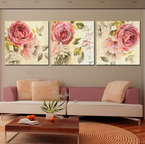 Flower Wall Painting, Images D'art, Rose Wall Art, Cheap Paintings, Rose Wall, Wall Paint Designs, Vintage Living Room, Lukisan Cat Air, 3 Piece Wall Art