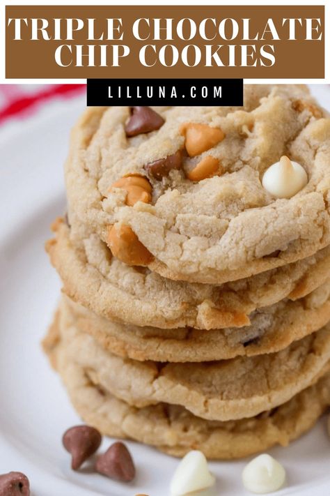 Super soft, delicious, and chewy Triple Chocolate Chip Cookies are a favorite! White, milk chocolate, and butterscotch chips combine to get the best taste. #chewytriplechocolatechipcookies #chocolatechipcookies #triplechocolatechip #cookies #chewycookies Triple Chip Cookie Recipe, Triple Chip Cookies, Triple Chocolate Chip Cookies, Butterscotch Cookies, Lil Luna, White Chocolate Chip Cookies, Slow Cooker Desserts, Caramel Cookies, Butterscotch Chips