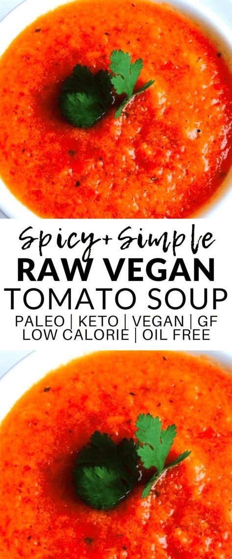 This Spicy Raw Vegan Tomato Soup is totally delicious – the perfect cozy winter meal or side. It’s also keto, gluten-free, low-carb, low-fat, oil-free, dairy-free, paleo, and super low-calorie! Tomato Soup Keto, Raw Vegan Recipes Easy, Raw Vegan Dinners, Meals Vegetarian, Vegan Tomato Soup, Fat Oil, Tomato Soup Easy, Raw Vegan Diet, Winter Meals