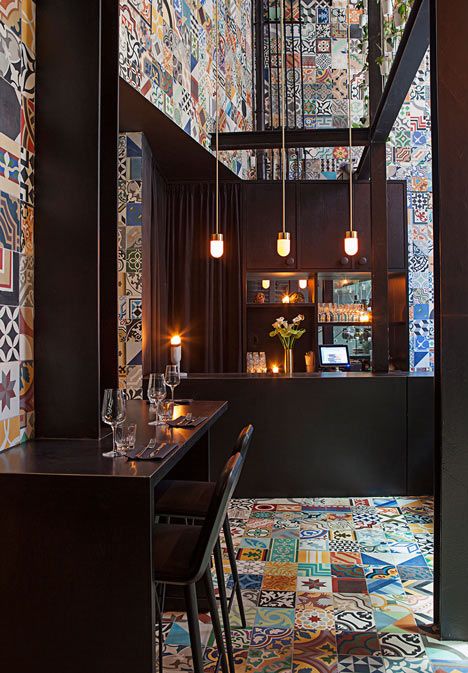 Brightly-coloured patterned ceramic tiles line the walls, designed by Danish studios BIG and Kilo Design Mexican Restaurant Design, Bar Deco, Colorful Tiles, Modern Restaurant Design, Decoration Restaurant, Keramik Design, Modern Restaurant, Bar Interior, Design Del Prodotto