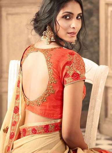 Cream and Orange Embroidered Silk Saree - Lashkaraa Blouse Designs High Neck, Pattu Saree Blouse Designs, Backless Blouse Designs, Sari Blouse Designs, Wedding Blouse Designs, Silk Saree Blouse Designs, Blouse Designs Indian, Blouse Designs Silk, Elegant Blouse Designs