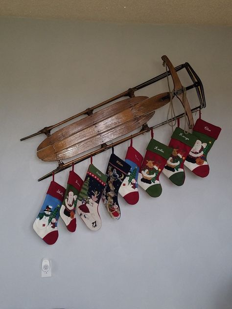 This was a great solution to hang stockings. No mantle no problem and a great use of an heirloom! Stocking Holder No Fireplace, Christmas Stocking Display Ideas, Hanging Christmas Stockings No Fireplace, Stockings No Mantle, Hang Stockings Without Fireplace, How To Hang Stockings With No Fireplace, Where To Hang Stocking With No Fireplace, Stocking Hanging Ideas No Fireplace, Stocking Display