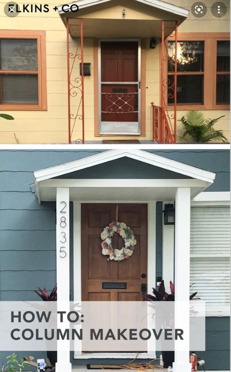 Column Makeover, Door Portico, Rainbow Rooms, Front Porch Remodel, Porch Pergola, Front Porch Columns, Diy Curb Appeal, Porch Remodel, Wood Columns