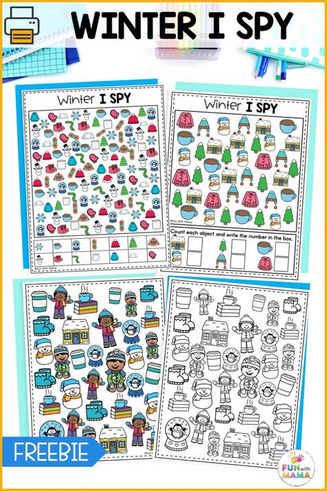 Grab your free printable Winter I Spy game suitable for all ages! Includes both black and white and colored pages. Winter I Spy Free Printable, I Spy Winter Free Printable, I Spy Printables For Kids Free, I Spy Preschool, I Spy Winter, I Spy Free Printable, Winter I Spy, Snow Slime, Themed Activities For Kids