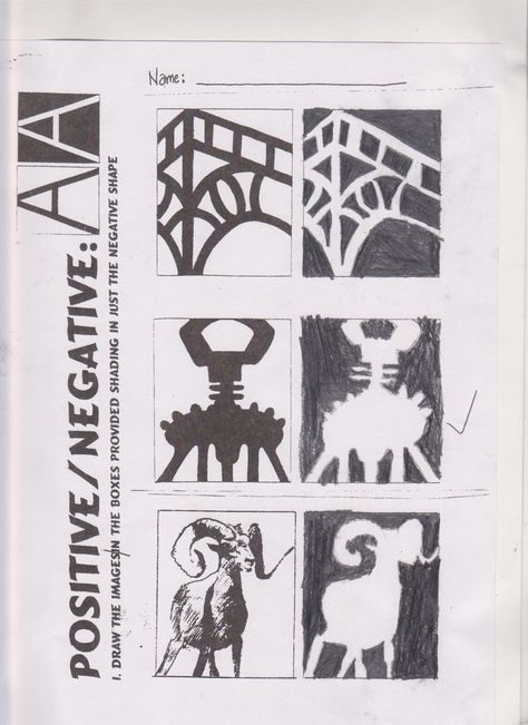 Positive/Negative Space Study: A worksheet with a goat/mountainous sheep Positive And Negative Art, Positive And Negative Space Art, Space Worksheets, Positive Negative Space, Art Exercises, Notan Art, Intro To Art, Negative Space Art, Positive And Negative Space