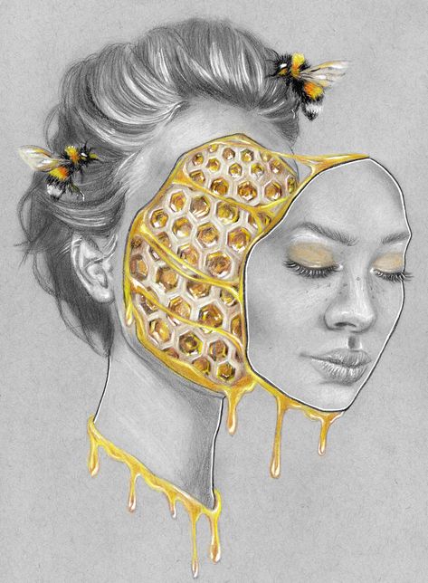 By Jessica Gallant Distortion Art, Surealism Art, Gcse Art Sketchbook, A Level Art Sketchbook, Bee Art, Hive Mind, Identity Art, Pencil Art Drawings, Color Pencil Art