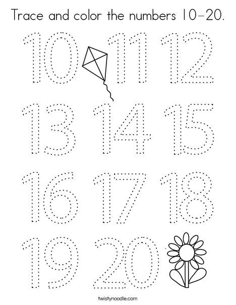 Trace and color the numbers 10-20 Coloring Page - Twisty Noodle Colouring Numbers 1-10, Number Tracing Printables Free 1-30, Tracing Numbers 1-50, Trace Numbers 1-10 Printable Worksheets, Numbers Coloring Pages 11-20, Trace And Color, Learning Board, Beads Design, Twisty Noodle