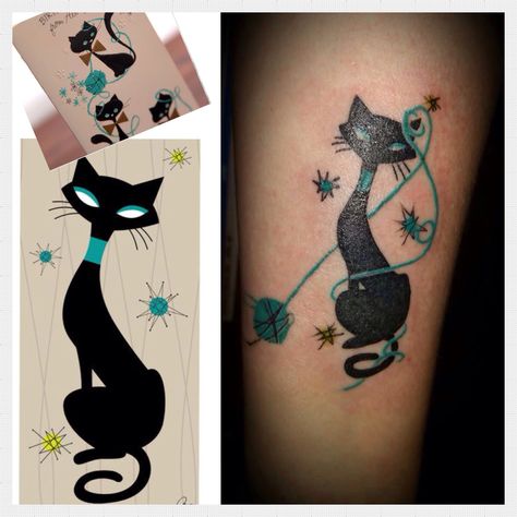 My new Mid Century Modern black cat tattoo from ideas I found from Pinterest. #tattoofiestaduluth Mid Century Modern Tattoo, Deco Tattoo, Egyptian Cat Tattoos, Art Deco Tattoo, Memories Ideas, Small Shoulder Tattoos, Black Cat Tattoos, Cat Tattoo Designs, Cowgirl Art